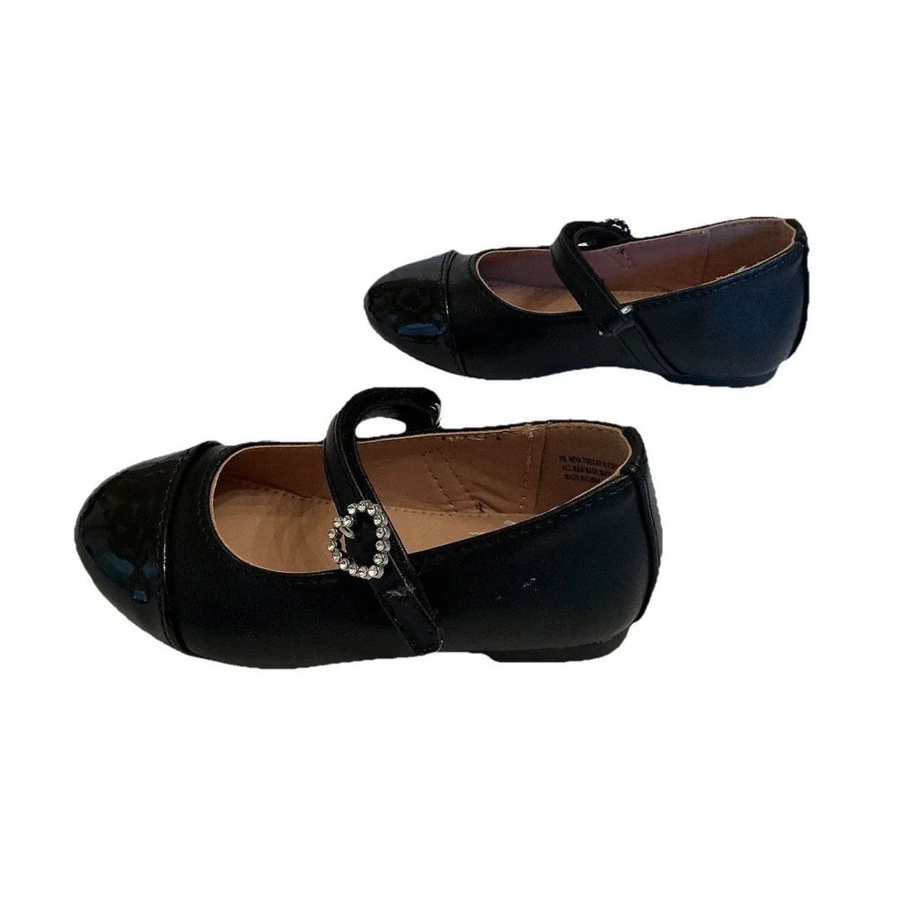 Girls Sugar Black Patent Leather Mary Jane Shoes‎ Heart Buckle - Toddler Size 6